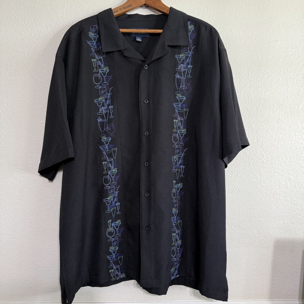 Saddlebred Short Sleeve Button‎ Up Casual Martini Drink Shirt Black Textured 2XL